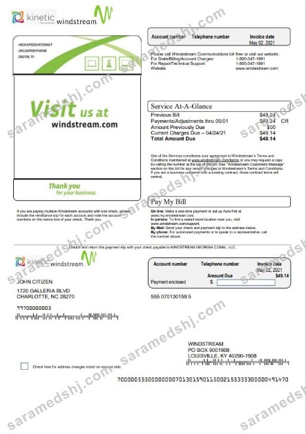 USA Windstream Holdings, Inc. utility bill template in Word and PDF format